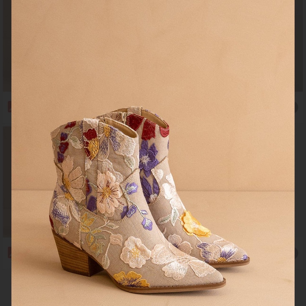 Embroidered Floral Ankle Boots - Beige with Multicolor Floral Accents